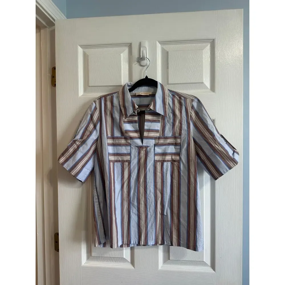 Tory Burch Cotton Poplin Striped Short Sleeve Blouse Shirt Collared V Neck Sz 4
